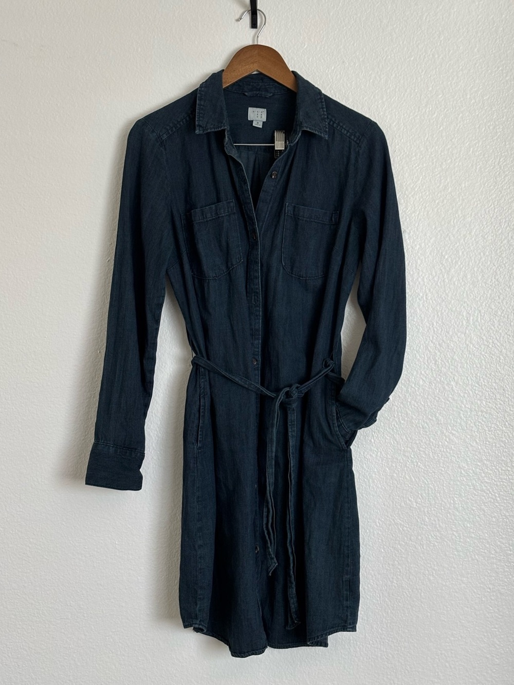Dark Indigo Button-Front Shirtdress with Tie Waist. Item 009
